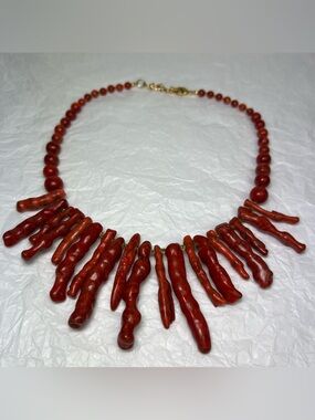 Vintage Red Coral Branch Style Bib Necklace Gold Tone Statement Boho Coastal